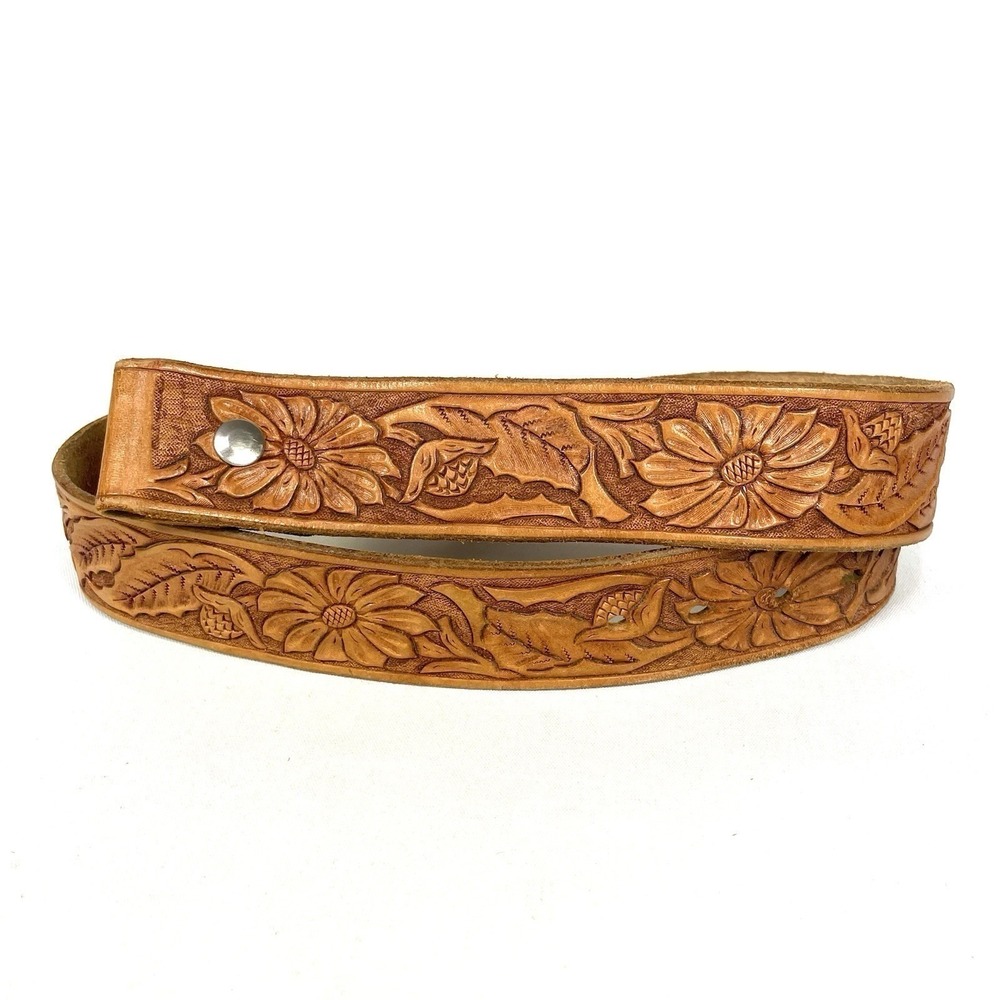 TREASA Tooled Leather Western Belt Strap 32 Tan Floral Cowboy - Picture 4 of 7